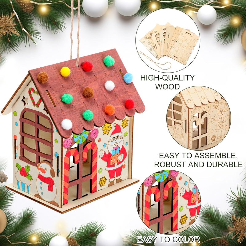 DoubleFill 6 Pcs Wood Gingerbread House Craft Kit for Kids DIY Wooden Christmas Birdhouse Craft Kits Holiday Village Houses Make a Gingerbread Wooden House for Xmas Party Game Supplies - Image 3